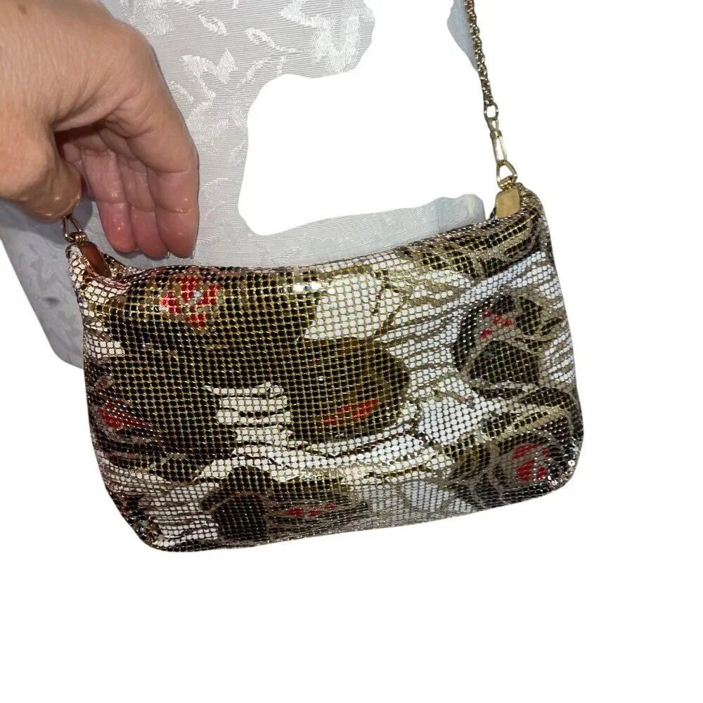 Vintage Womens Clutch Bag Multicolor Chain Mesh Rose Pattern Convertible